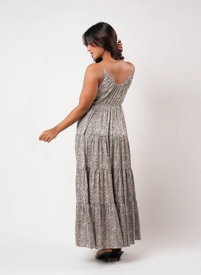 Aadaraya  Aadaraya Sleeveless Tiered Maxi Night Gown with Animal Print for Women | Best Price UAE