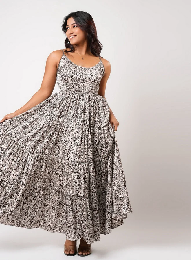 Aadaraya Sleeveless Tiered Maxi Night Gown with Animal Print