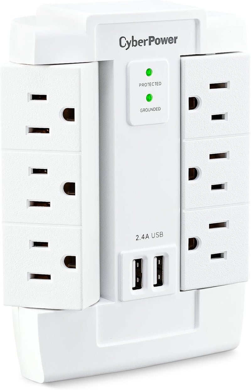 CyberPower CSP600WSURC2 واقي من زيادة التيار، 1200 جول/125 فولت، 6 مآخذ دوارة، 2 منفذ شحن USB، تصميم جداري، أبيض - Image 3