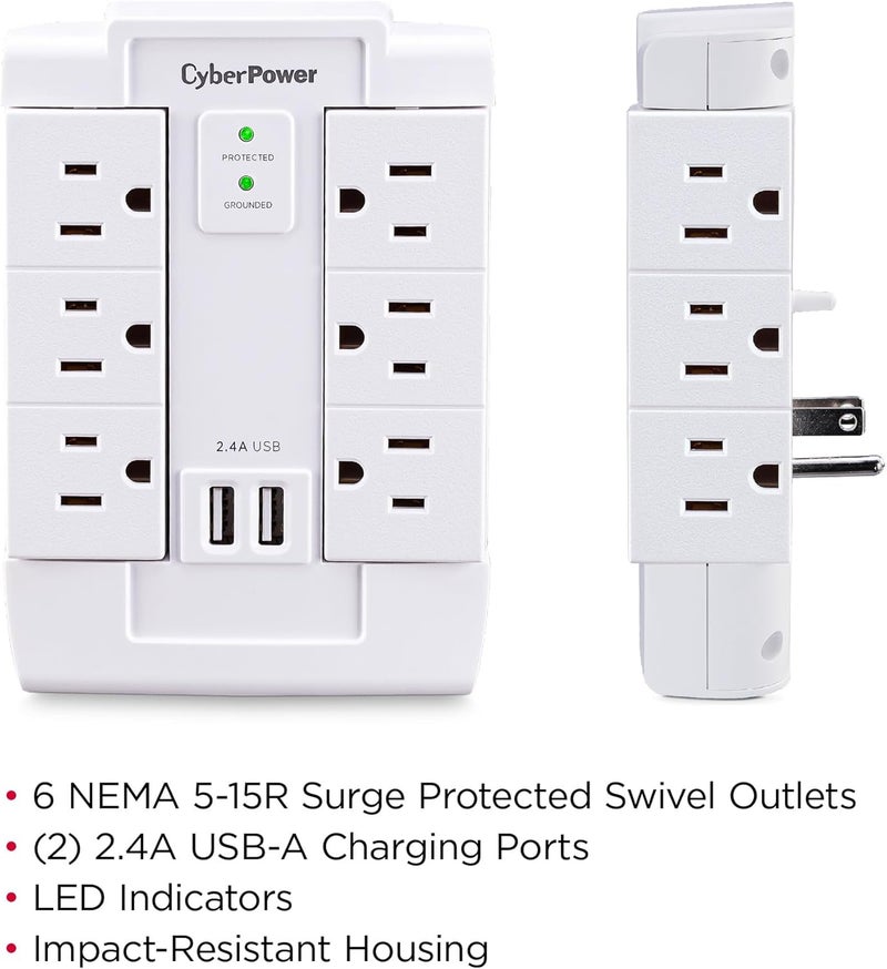 CyberPower CSP600WSURC2 واقي من زيادة التيار، 1200 جول/125 فولت، 6 مآخذ دوارة، 2 منفذ شحن USB، تصميم جداري، أبيض - Image 5