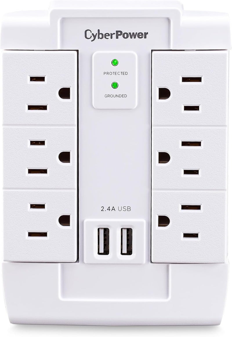 CyberPower CSP600WSURC2 واقي من زيادة التيار، 1200 جول/125 فولت، 6 مآخذ دوارة، 2 منفذ شحن USB، تصميم جداري، أبيض - Image 1