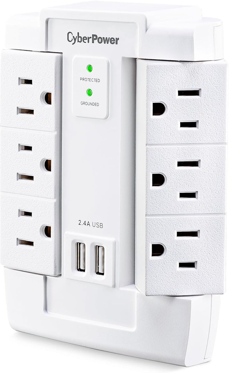 CyberPower CSP600WSURC2 واقي من زيادة التيار، 1200 جول/125 فولت، 6 مآخذ دوارة، 2 منفذ شحن USB، تصميم جداري، أبيض - Image 2