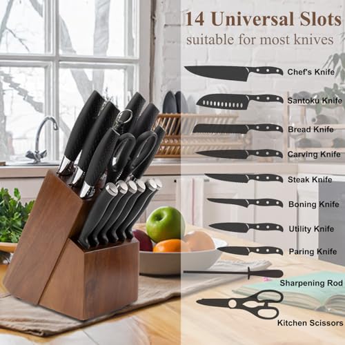 RedCall Universal Knife Block Holder,Large Wood Bamboo Knife Block without Knives,14 Slot Universal Knife Holder Countertop,Butcher Block Knife Storage Organizer for Kitchen (Brown) - Image 2