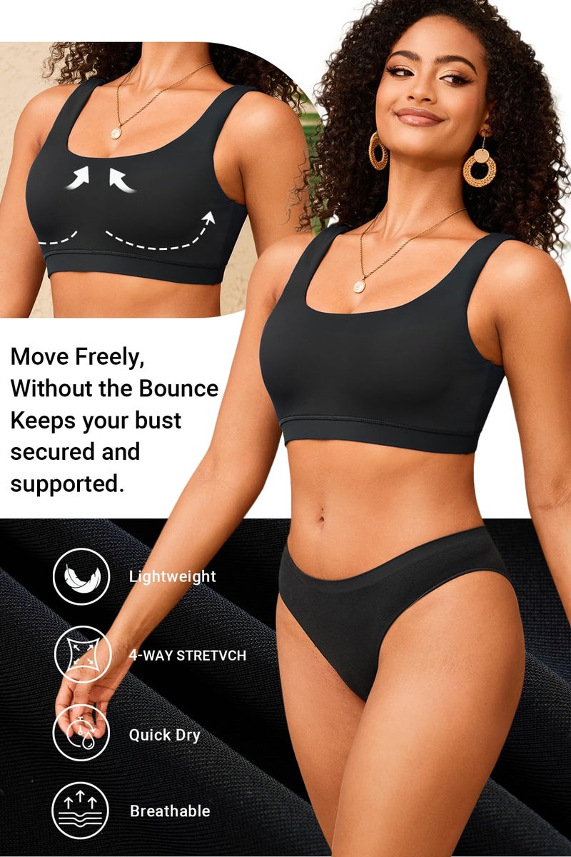 Yonique Women Sport Bra Swimsuit Top - Swim Bra Bikini Top Only Scoop Neck Bathing Suit 2025 Swimwear Black - Image 3