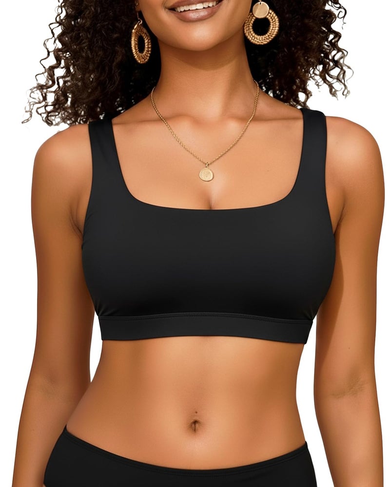 Yonique Women Sport Bra Swimsuit Top - Swim Bra Bikini Top Only Scoop Neck Bathing Suit 2025 Swimwear Black - Image 1