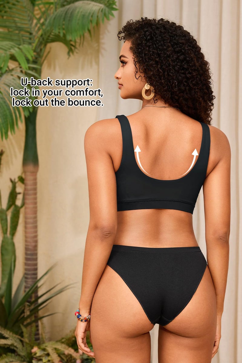 Yonique Women Sport Bra Swimsuit Top - Swim Bra Bikini Top Only Scoop Neck Bathing Suit 2025 Swimwear Black - Image 2