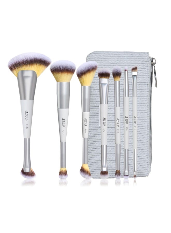 Jessup Makeup Brushes Set 7pcs with Bag Dual Ended Makeup Brush Premium Synthetic Foundation Contour Blush Highlight Blending Eyebrow Eyeshadow Shader Concealer Brush, Quiet Gray T520 - Image 1