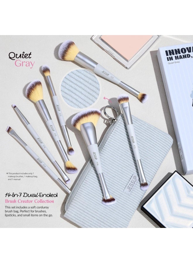 Jessup Makeup Brushes Set 7pcs with Bag Dual Ended Makeup Brush Premium Synthetic Foundation Contour Blush Highlight Blending Eyebrow Eyeshadow Shader Concealer Brush, Quiet Gray T520 - Image 2