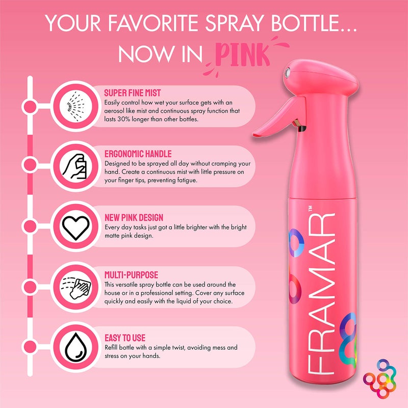 FRAMAR Premium Hair Mister Spray Bottle â€“ Continuous Spray Bottle For Hair, Water Sprayer, Continuous Mister for Salon Supplies â€“ Ultra Fine Mist â€“ Pink 250 ml - Image 3