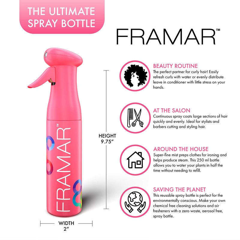 FRAMAR Premium Hair Mister Spray Bottle â€“ Continuous Spray Bottle For Hair, Water Sprayer, Continuous Mister for Salon Supplies â€“ Ultra Fine Mist â€“ Pink 250 ml - Image 2