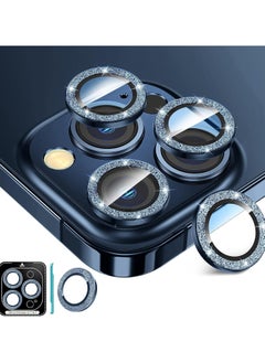 FARROBIZZ iPhone 15 Pro/Pro Max Camera Lens Protector - 9H Tempered Glass, Ultra HD, Metal Individual Ring Camera Screen Protector Cover for iPhone 15 Pro/Pro Max (Blue Glitter)  - Image 1
