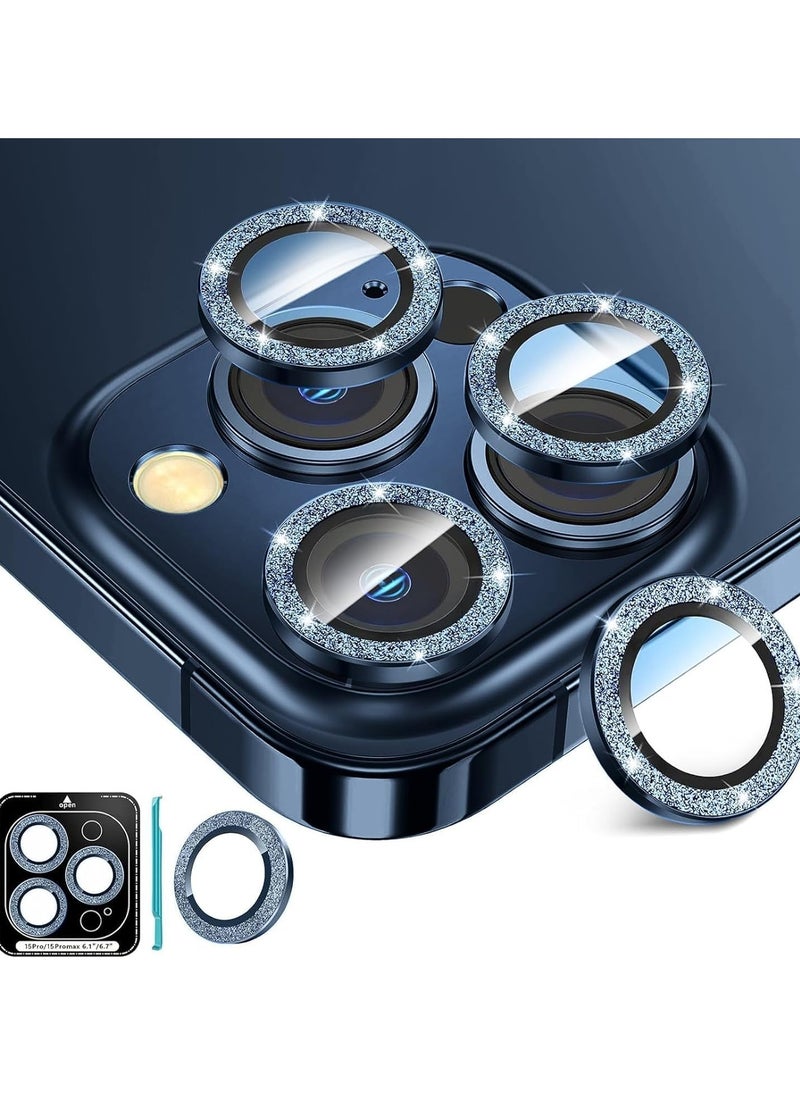 FARROBIZZ iPhone 15 Pro/Pro Max Camera Lens Protector - 9H Tempered Glass, Ultra HD, Metal Individual Ring Camera Screen Protector Cover for iPhone 15 Pro/Pro Max (Blue Glitter)  - Image 1