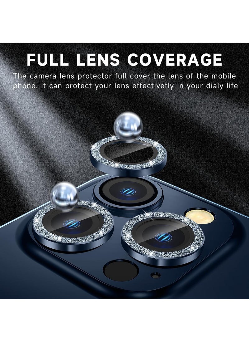 FARROBIZZ iPhone 15 Pro/Pro Max Camera Lens Protector - 9H Tempered Glass, Ultra HD, Metal Individual Ring Camera Screen Protector Cover for iPhone 15 Pro/Pro Max (Blue Glitter)  - Image 3