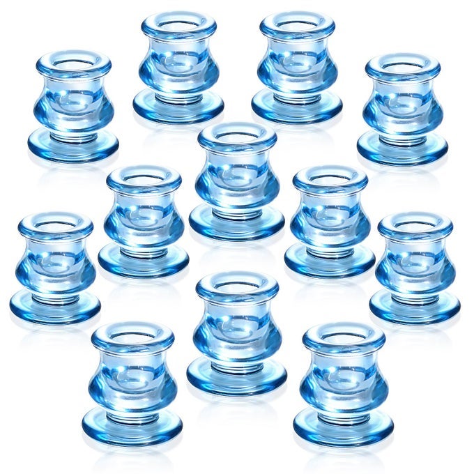 12PCS BLUE CANDLESTICK HOLDERS BLUE GLASS CANDLE HOLDERS FOR PILLAR CANDLES TAPER CANDLE AND TEALIGHT CANDLES TAPER CANDLE HOLDERS FOR WEDDING TABLE CENTERPIECE