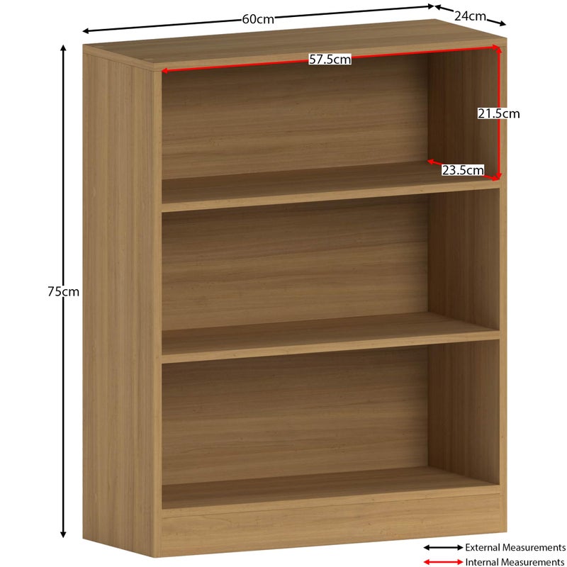 3 Tier Low Bookcase, Oak Finish Wooden Shelving Display Unit, Modern Office and Living Room Furniture, Wide and Compact Bookshelf, Elegant Design - Image 3