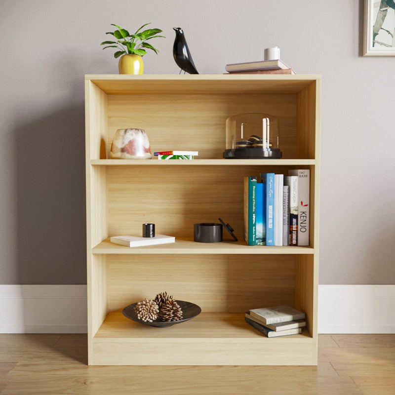 3 Tier Low Bookcase, Oak Finish Wooden Shelving Display Unit, Modern Office and Living Room Furniture, Wide and Compact Bookshelf, Elegant Design - Image 2