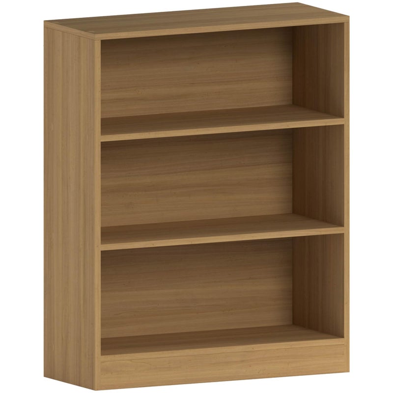 3 Tier Low Bookcase, Oak Finish Wooden Shelving Display Unit, Modern Office and Living Room Furniture, Wide and Compact Bookshelf, Elegant Design - Image 1