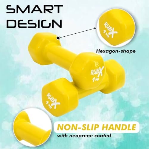 RUBX Premium Unisex Vinyl Dumbbells for Exercise & Fitness – Set of 2, Ideal for Strength Training at Home or Gym, Perfect for Beginners & Advanced Users (1 kg Each, Total 2 kg) – Versatile (YELLOW) - Image 4