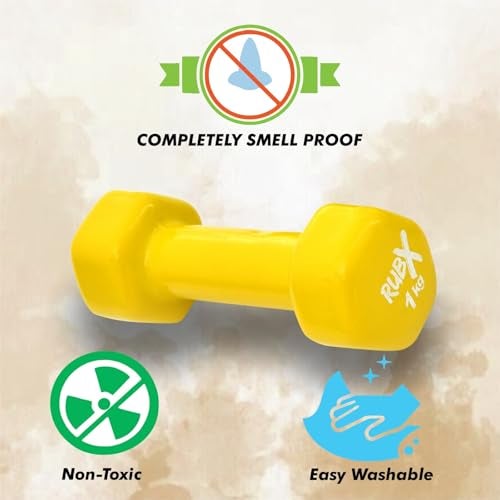 RUBX Premium Unisex Vinyl Dumbbells for Exercise & Fitness – Set of 2, Ideal for Strength Training at Home or Gym, Perfect for Beginners & Advanced Users (1 kg Each, Total 2 kg) – Versatile (YELLOW) - Image 3