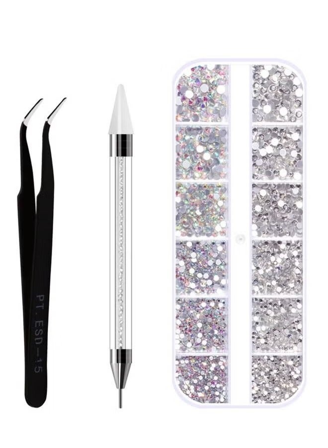 Crystal Gems Nail Art Rhinestones Kit with Double -Sided Nail Wax Pen Tools &Tweezers, Charms Gems Nail Set for Face Eye Makeup Decoration &DIY Nail(White） - Image 1