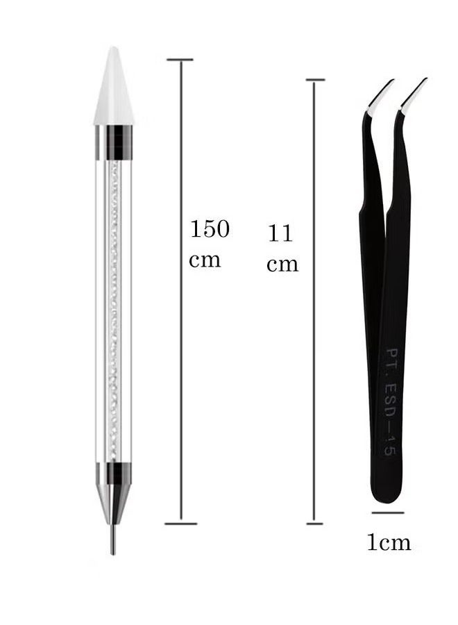 Crystal Gems Nail Art Rhinestones Kit with Double -Sided Nail Wax Pen Tools &Tweezers, Charms Gems Nail Set for Face Eye Makeup Decoration &DIY Nail(White） - Image 4