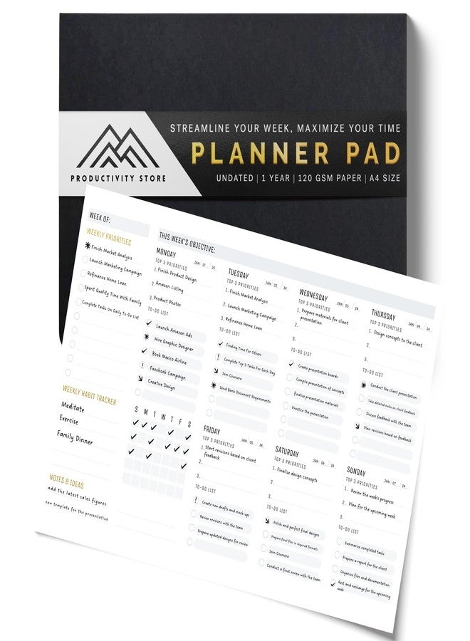 Productivity Store - Weekly Desk Planner Pad, 12-Month Productivity Planner, Tear-Out Deskpad for To-Do List, Productivity Tools for Time Management and Mindfulness, A4 Size, Black - Image 1