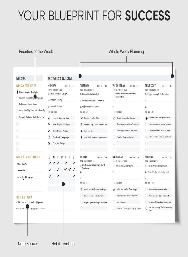 Productivity Store - Weekly Desk Planner Pad, 12-Month Productivity Planner, Tear-Out Deskpad for To-Do List, Productivity Tools for Time Management and Mindfulness, A4 Size, Black - Image 3