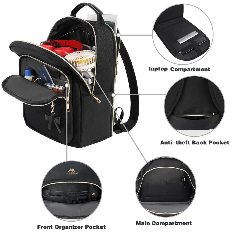 MATEIN Backpack Purse for Women, 17 inch Stylish Cute Waterproof Backpack Purse, Waterproof Fashion Casual Daily Shoulder Bag for Work College Travel, Gifts for Ladies, 2pcs Set, Black - Image 4