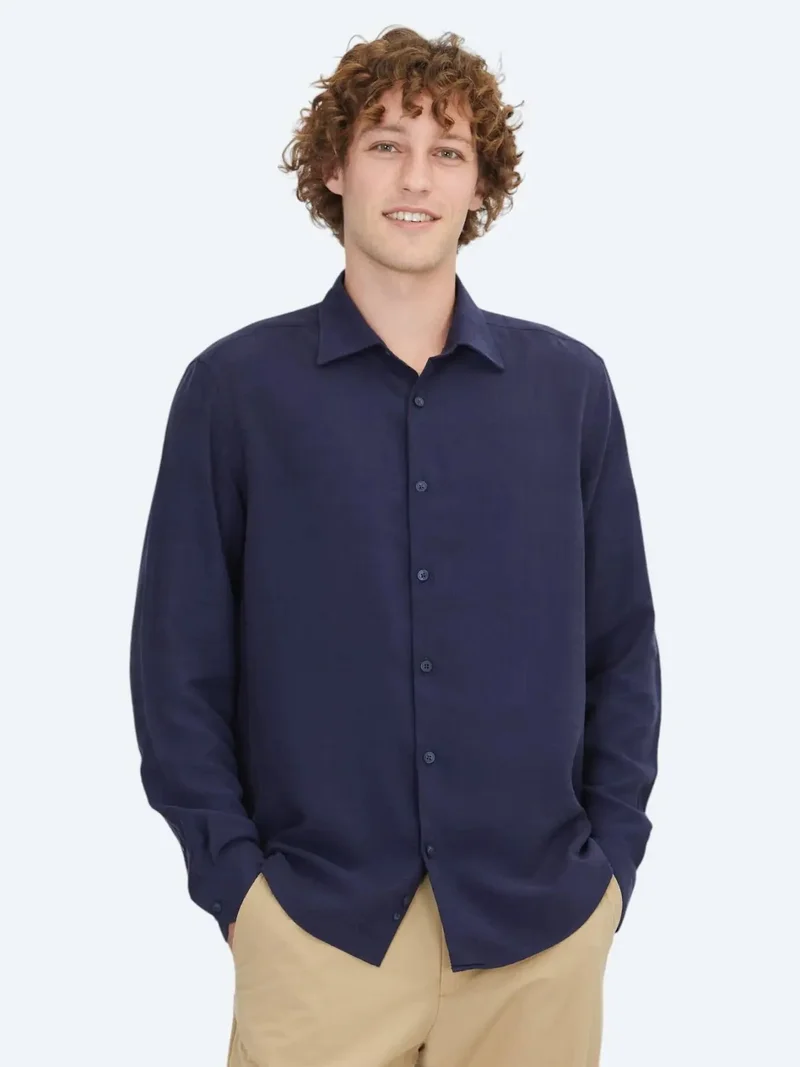 Kip Navy Blue Striped Regular Fit Weaving Casual Shirt