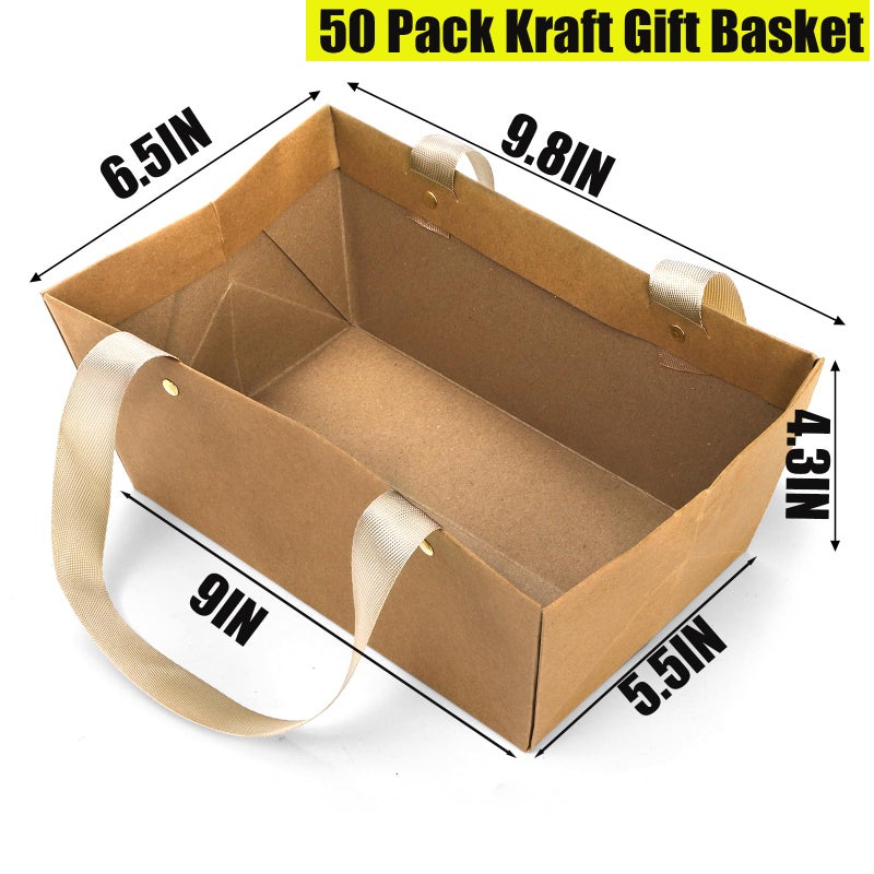 Cedilis 50 Pack Kraft Gift Basket with Handles, 9.8'' x 6.5'' x 4.3'' Empty Paper Basket for Party Gifts, Anniversary, Wedding, Easter, Crafts, Brown - Image 2