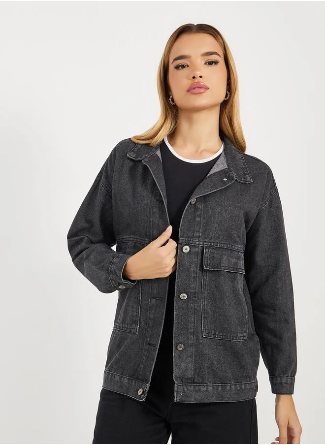 Styli Relaxed Fit Denim Shirt with Flap Pocket