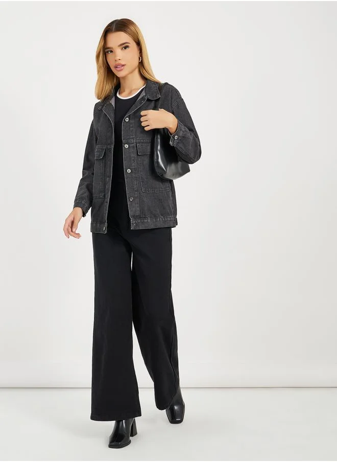 Styli Relaxed Fit Denim Shirt with Flap Pocket