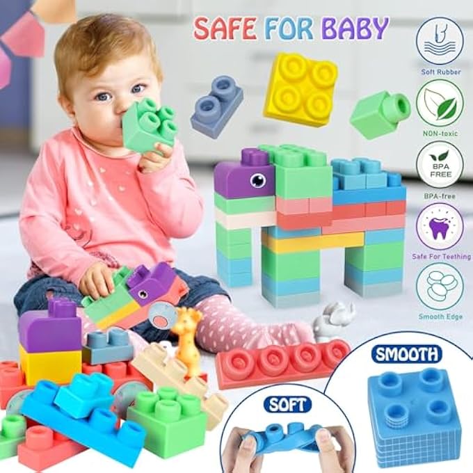 SOFT BUILDING BLOCKS, 50 PCS BPA FREE SOFT BUILDING BLOCK SETS WITH STORAGE BOX, MONTESSORI PRESCHOOL LEARNING STACKING BLOCK EDUCATIONAL SAFE SOFT BLOCKS FOR KIDS - Image 2