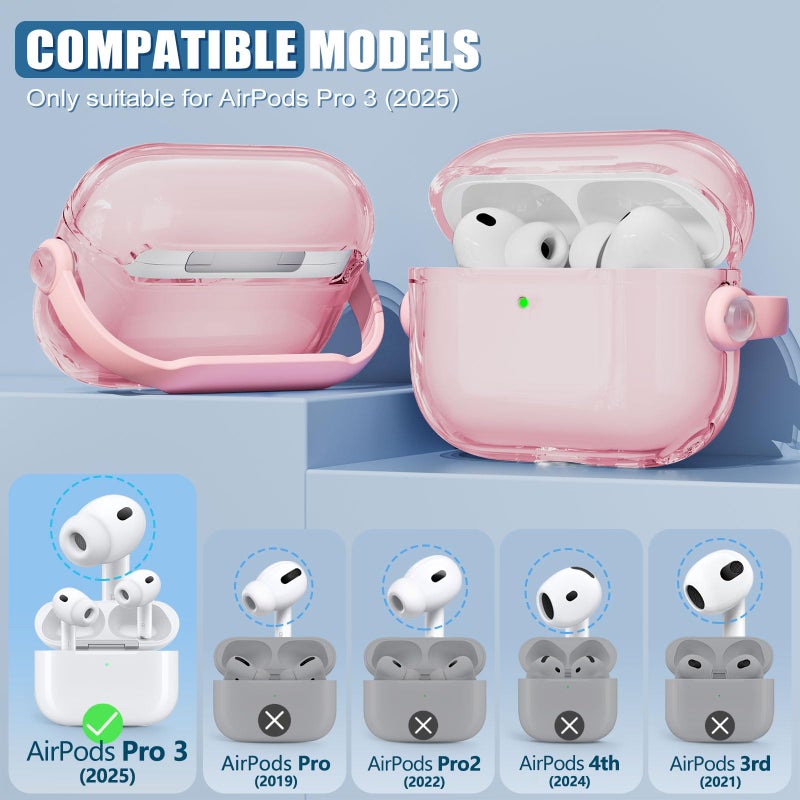 Wowwat for Airpods Pro 3 Case,Safety Lock Cases for Apple Airpod Pro 3 (2025) with Phone Stand & Cleaner Kit,Drop Protection Air pods Pro3 Case Cover for Men Women with Keychain,Clear Pink - Image 2