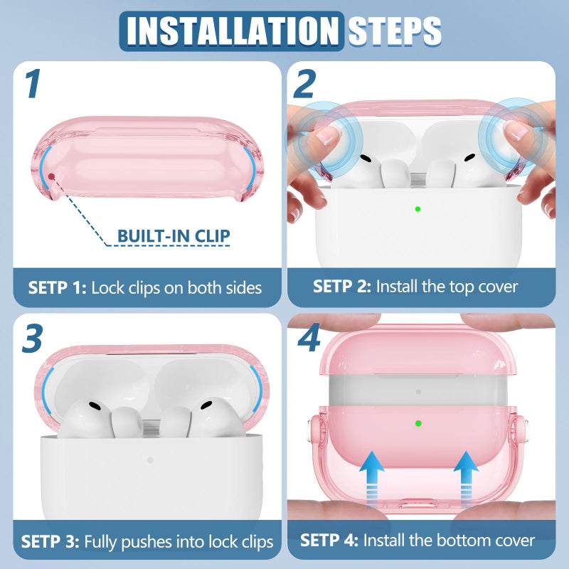 Wowwat for Airpods Pro 3 Case,Safety Lock Cases for Apple Airpod Pro 3 (2025) with Phone Stand & Cleaner Kit,Drop Protection Air pods Pro3 Case Cover for Men Women with Keychain,Clear Pink - Image 5