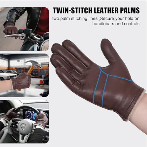 GSG SINCE 1998 GSG Mens Chrome-Free Sheepskin leather driving gloves, Winter Warm Wool Touchscreen Dress Glove-Cold Weather Motorcycle Texting,Brown,M - Image 4