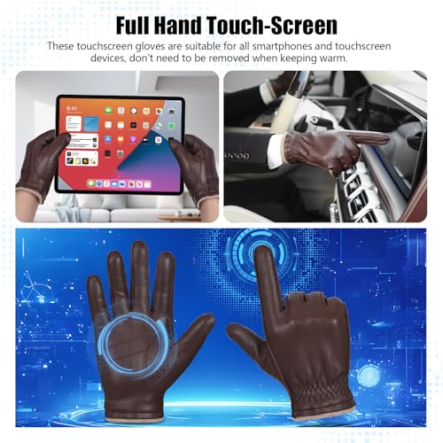 GSG SINCE 1998 GSG Mens Chrome-Free Sheepskin leather driving gloves, Winter Warm Wool Touchscreen Dress Glove-Cold Weather Motorcycle Texting,Brown,M - Image 3