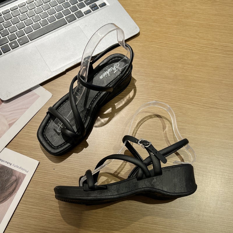 Summer Thick-Soled Slope Heel Women Sandals 2212-2 Black 