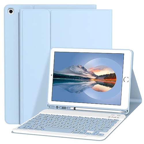 Divufus Keyboard Case for iPad 9.7 Inch 2018/2017 6th/5th Generation, Air 2/1 [Magnetic Detachable Wireless Keyboard][Support 3 System] Flip Stand Case with Pencil Holder for iPad 9.7, Light Blue - Image 1