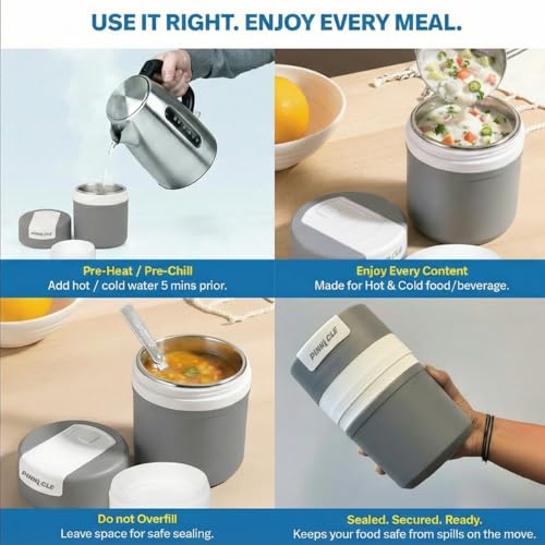 Pinnacle Pogo 600ml Food Jar | Stainless Steel Insulated Food Container with Dual Compartment,Wide Mouth & Foldable Spoon| Lunch Pot for Hot & Cold Food| Perfect for Office,School,Travel (Cool Grey) - Image 5