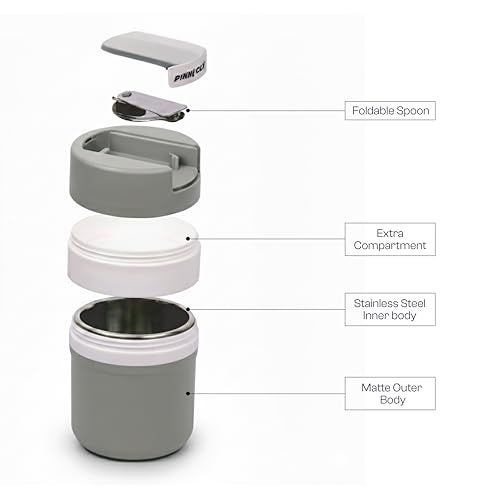 Pinnacle Pogo 600ml Food Jar | Stainless Steel Insulated Food Container with Dual Compartment,Wide Mouth & Foldable Spoon| Lunch Pot for Hot & Cold Food| Perfect for Office,School,Travel (Cool Grey) - Image 3