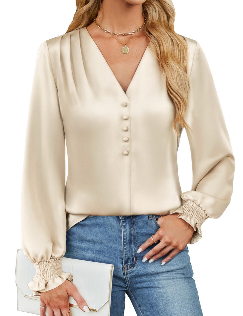 BMJL Women's Blouses Dressy Casual Satin Silk Long Sleeve Shirts Business Casual Tops(Apricot,M) - Image 1
