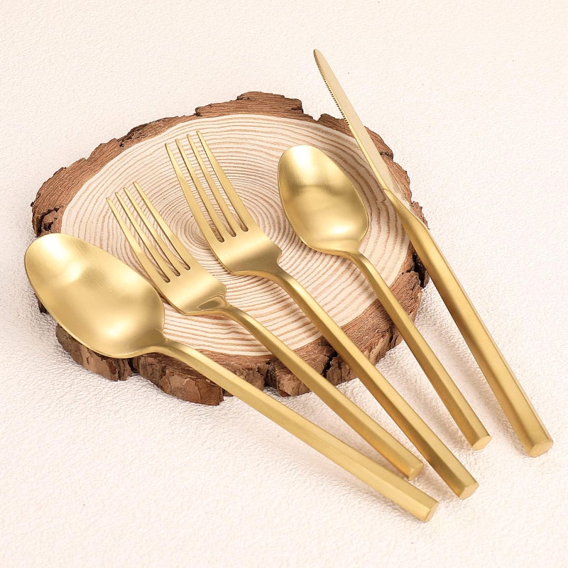 Zerophilo Matte Silverware Set Gold Flatware Set with Hexagon Handle 20 Pieces 18/0 Stainless Steel Cutlery Set Wedding Housewarming Gift Service for 4 (Matt gold) - Image 1
