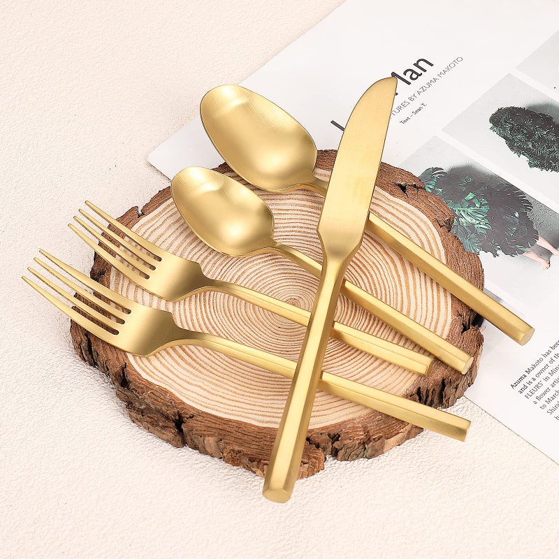 Zerophilo Matte Silverware Set Gold Flatware Set with Hexagon Handle 20 Pieces 18/0 Stainless Steel Cutlery Set Wedding Housewarming Gift Service for 4 (Matt gold) - Image 3