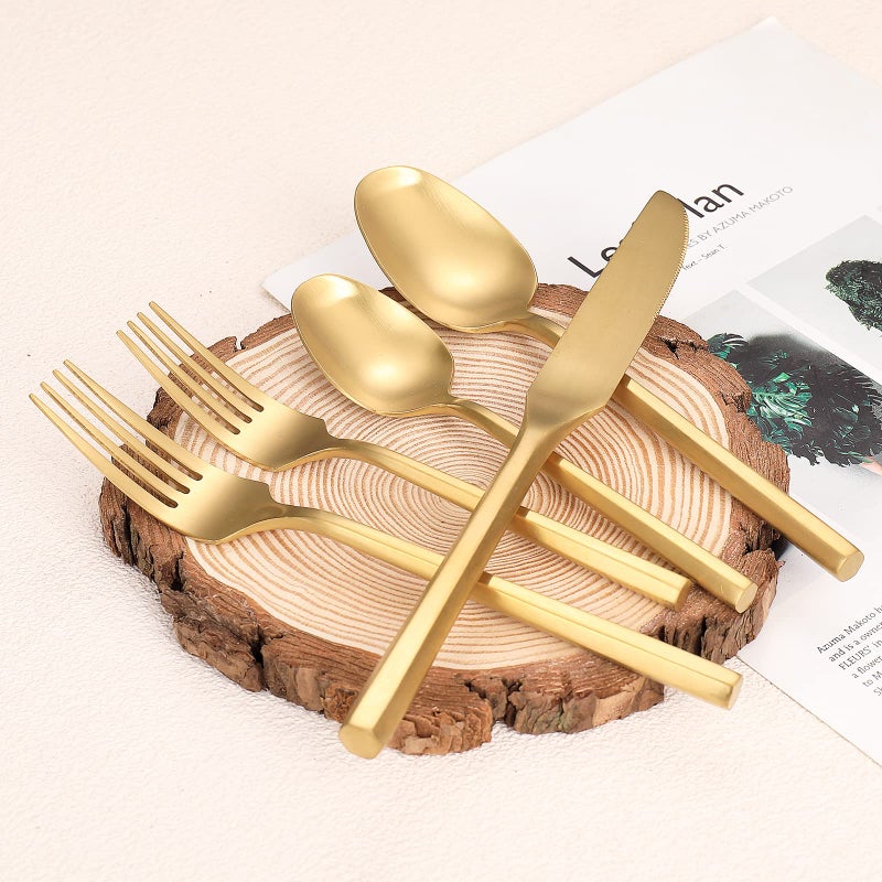 Zerophilo Matte Silverware Set Gold Flatware Set with Hexagon Handle 20 Pieces 18/0 Stainless Steel Cutlery Set Wedding Housewarming Gift Service for 4 (Matt gold) - Image 4