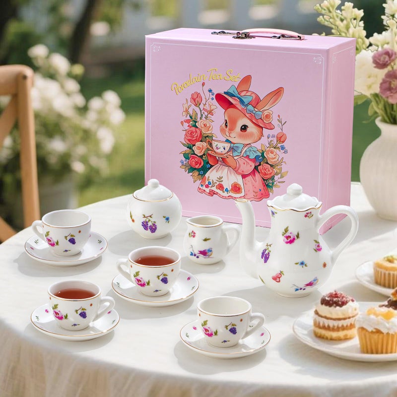 TUZT Tea Party Set for Little Girls Ages 3-8, White Floral Porcelain Tea Set with Gold Trim Edges, Princess Tea Time Toy Includes Pot & Cups & Saucers & Suitcase, Birthday Gifts for Toddlers Girls - Image 5