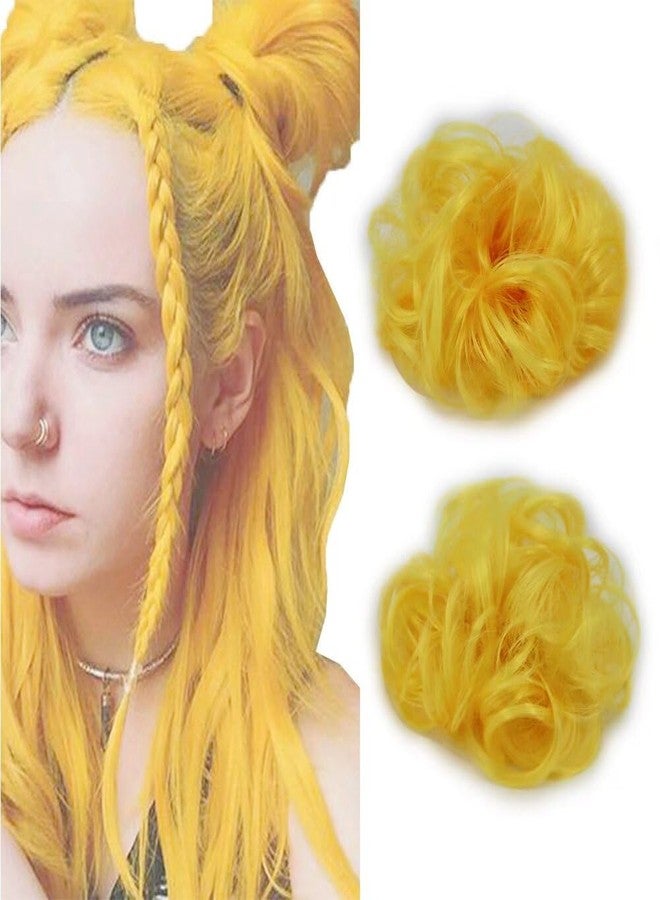 iLUU Yellow Scrunchy Updo Wavy Hair Bun Messy Elastic Chignons Synthetic Hairpiece Wig Curly Hair Extension Scrunchies for Women Girl (#2C Bright Yellow, 2pcs/pack) - Image 1