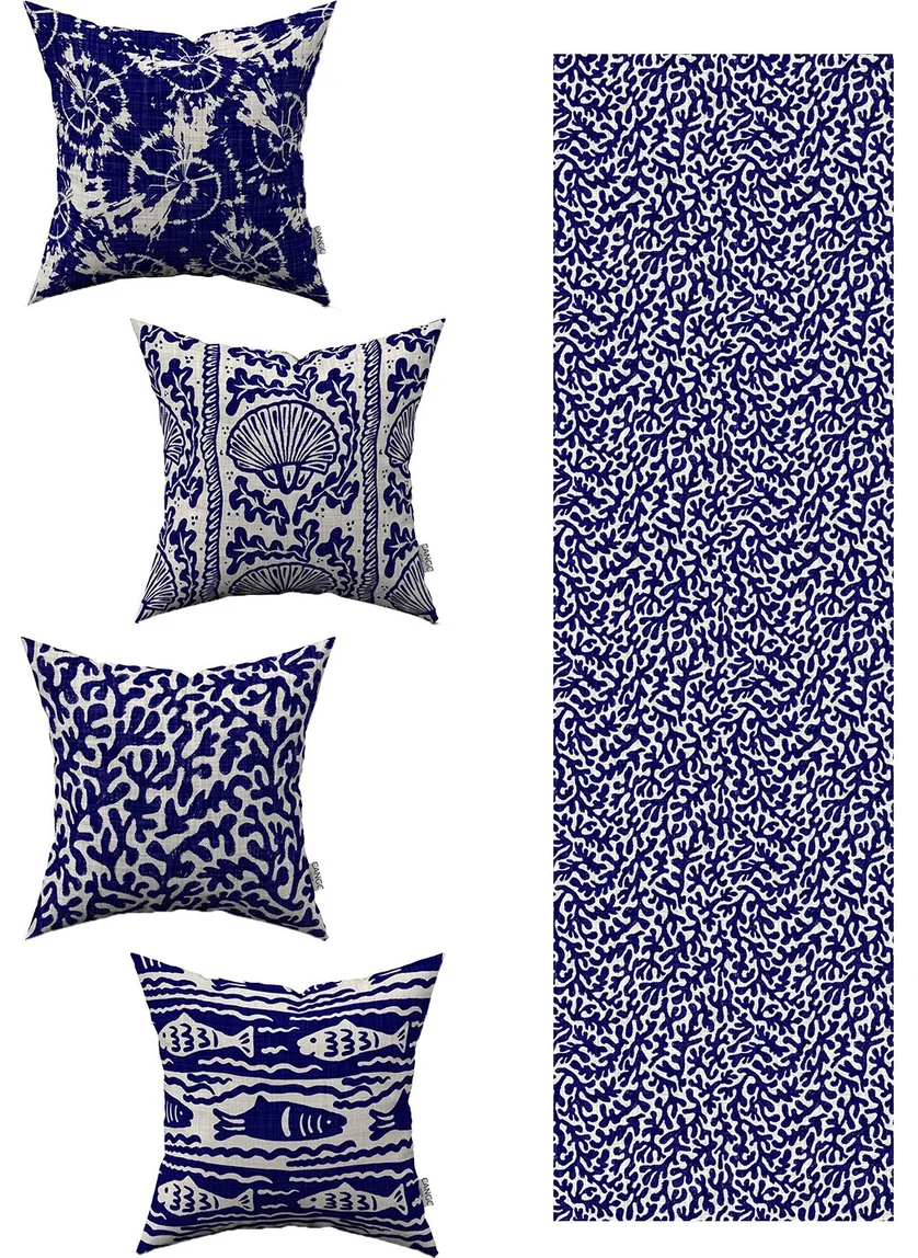 Cango Home Blue Beige Marine Patterned 4-Piece Throw Pillow Cover 1 Runner Set 4KMBS102-RS-02