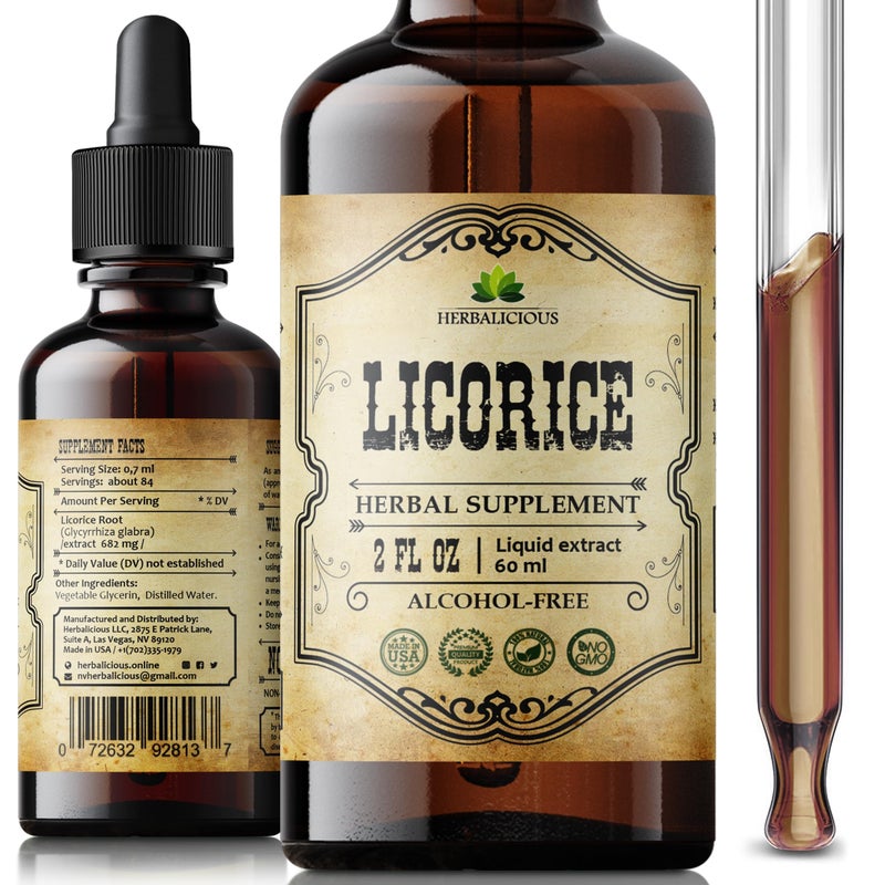 مستخلص جذور العرقسوس العضوي HERBALICIOUS سائل مكمل غذائي نقي من غليسيريزا غلابرا لدعم الهضم والجهاز التنفسي والغدد الكظرية والمناعة 2 أونصة سائلة نباتي خالي من الكائنات المعدلة وراثيًا خالي من الغلوتين