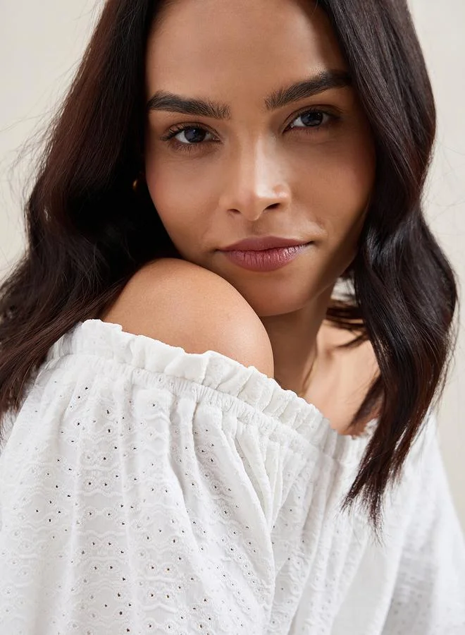 Femmella Femmella Knitted Schiffli Off Shoulder Neck Top